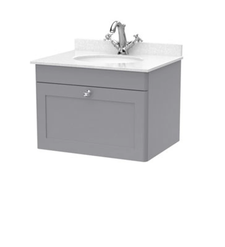 Image of Nuie Classique Wall Hung 1 Drawer Vanity Unit & 1 Tap Hole White Marble Top With Oval Basin, Contemporary Sink Vanity Unit In