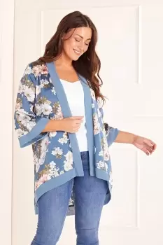 Image of Blue Plus Size Floral Satin Kimono
