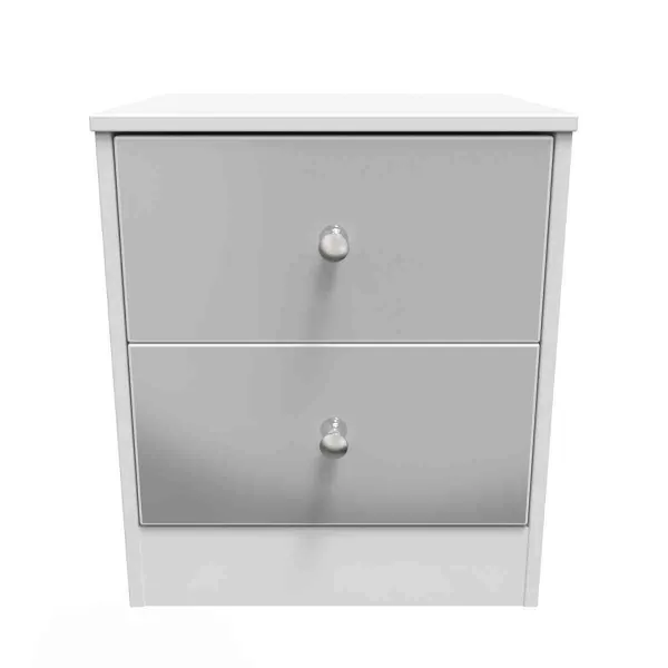 Image of Welcome Furniture Ready Assembled Padstow 2 Drawer Bedside Cabinet In Uniform Grey Gloss & White