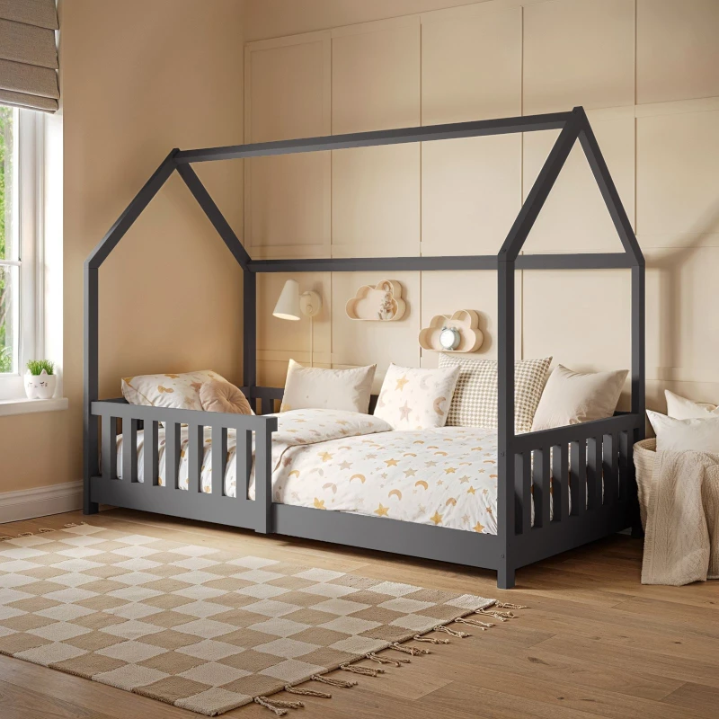 Image of Flair Explorer Wooden Playhouse Bed with Rails in Grey Size: Single Grey Unisex Single