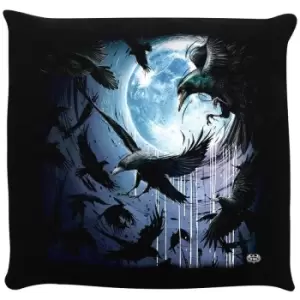 Image of Spiral Moon Crow Filled Cushion (One Size) (Black/Blue/Lilac) - Black/Blue/Lilac
