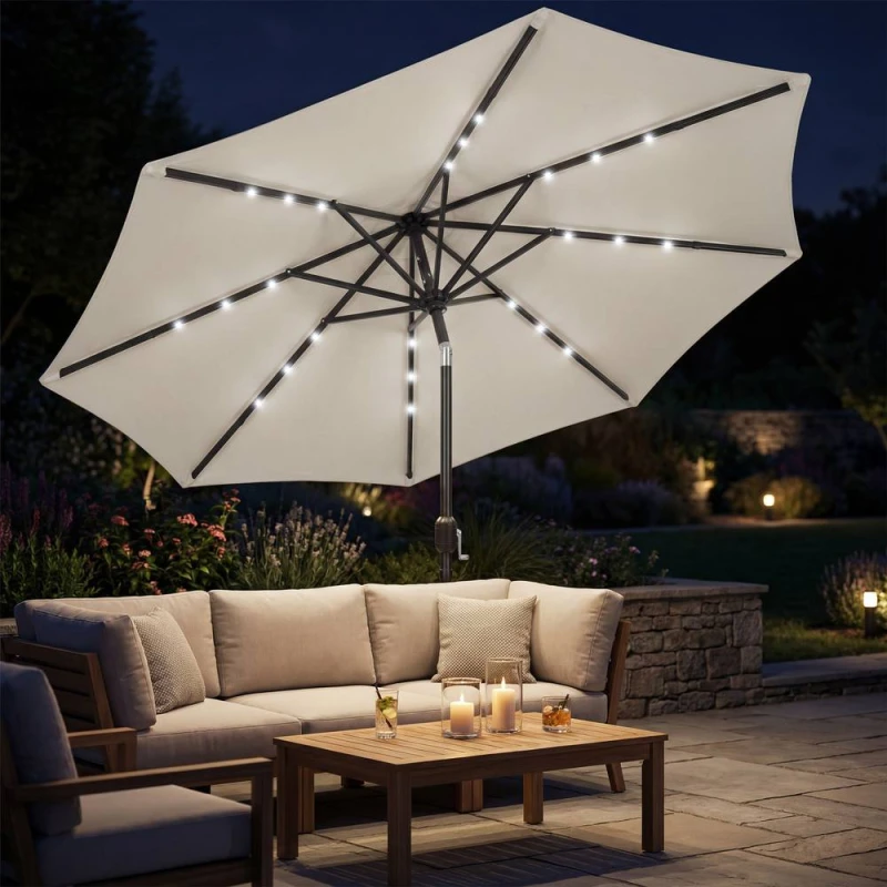 Image of OUTSUNNY 2.6 m Garden Parasol Umbrella with Light, Outdoor Patio Umbrella in Light Grey Size: 260cm x 100cm Light Grey Unisex 260cm x 100 cm