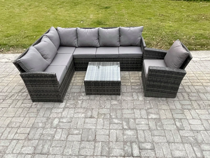 Image of Fimous 7 Seater Outdoor Garden Furniture Set Wicker PE Rattan Corner Sofa Set with Square Coffee Table Armchairs Dark Grey Mixed Dark Grey Unisex