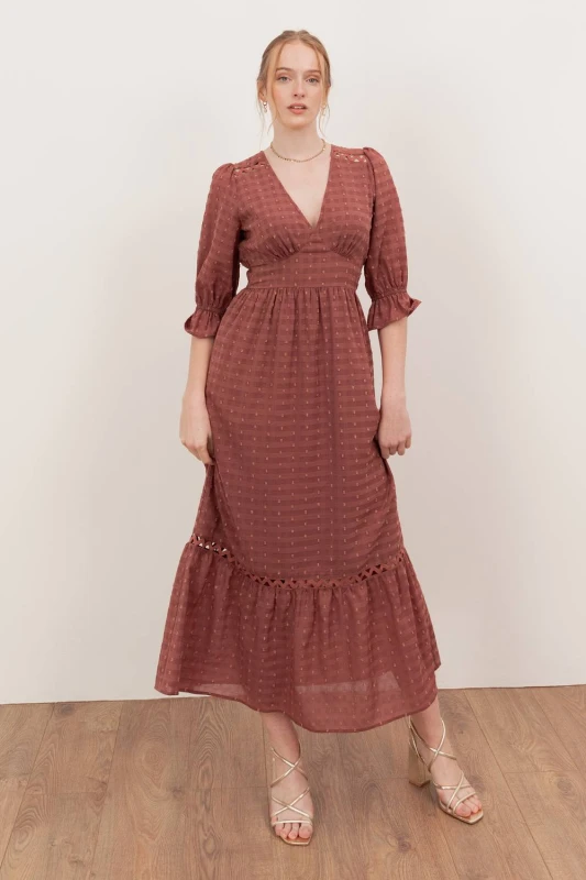 Image of Lovedrobe Womens Gingham V Neck Midaxi Dress in Terracotta Size: 8 Terracotta Female 8