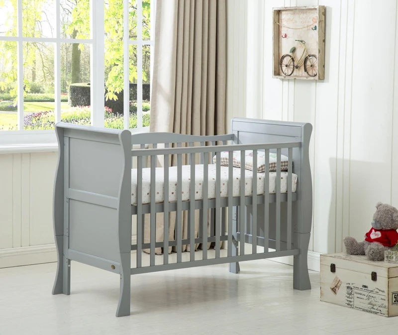 Image of MCC Direct Wooden Curved Sleigh Baby Cot Bed with Mattress Savannah Grey