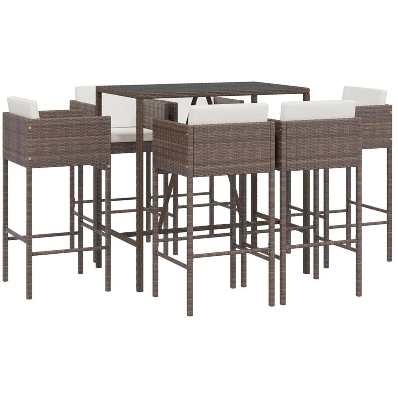 Image of vidaXL 7 Piece Garden Bar Set with Cushions Brown Poly Rattan, Brown 3203926