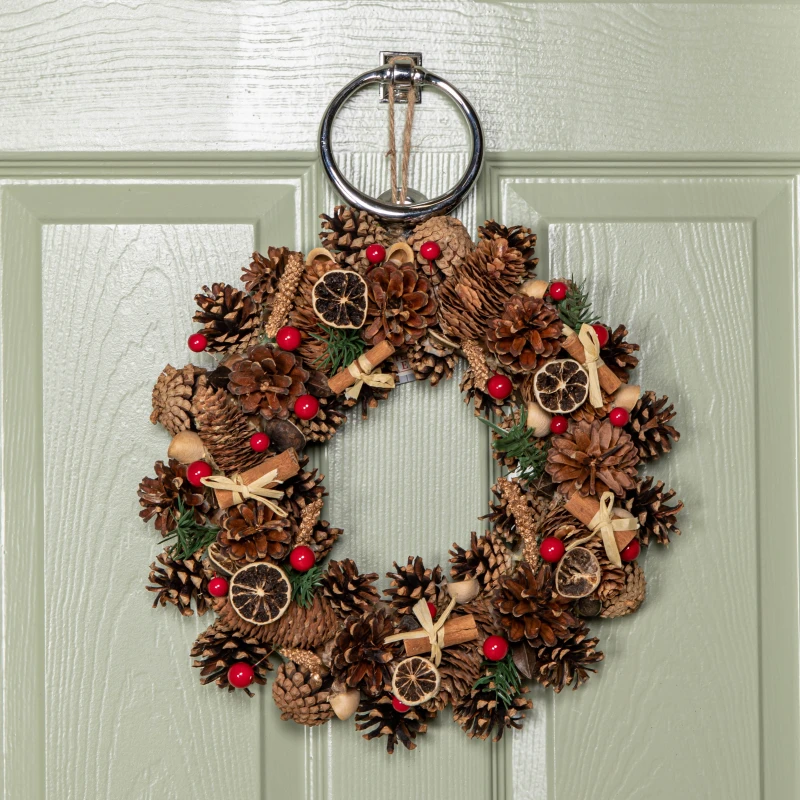 Image of 36cm Winter Spice Hanging Christmas Wreath with Pine Cones Red Berries & Dried Fruit