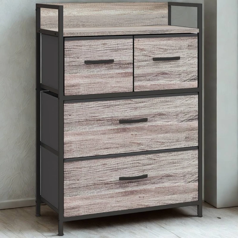 Image of FURNOS Industrial 4 Fabric Drawer Chest Storage Unit With Shelftop Grey Grey Unisex