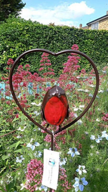 Image of Inspirational Gifting Red Robin In A Heart Garden Plant Stake