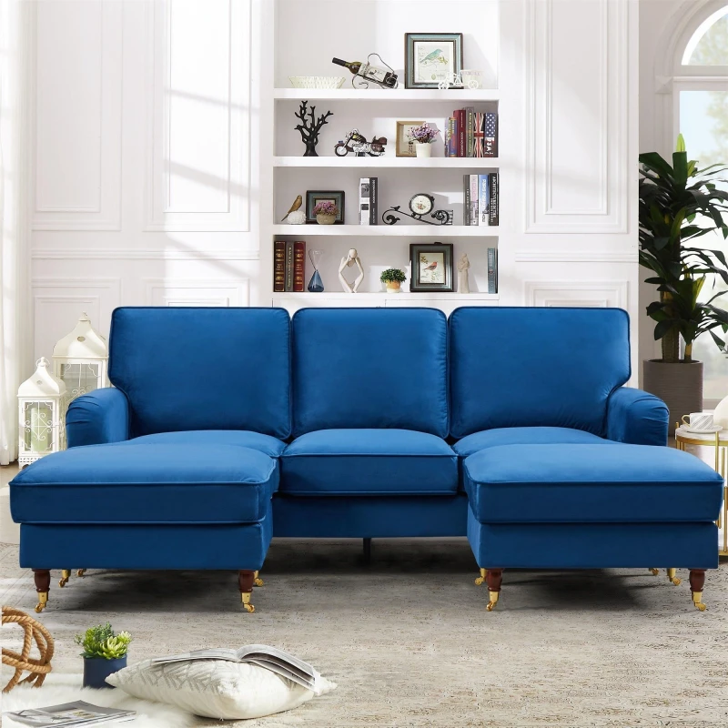 Image of Artemis Home Woodbury 218cm Wide U-Shaped Velvet Fabric Corner Sofa in Blue Blue Unisex