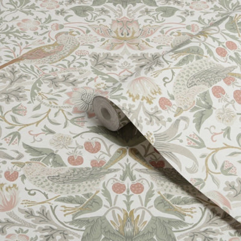 Image of William Morris Strawberry Thief Wallpaper Sage (Green)