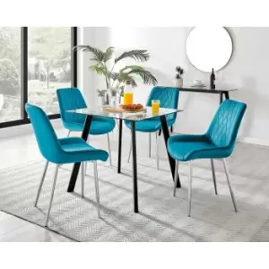 Image of Furniture Box Seattle Glass and Black Leg Square Dining Table & 4 Blue Pesaro Silver Chairs
