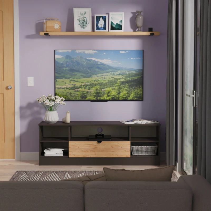 Image of Welcome Furniture Ltd Bora Wide 1 Drawer TV & Media Unit in Gold Craft Oak & Graphite - Ready Assembled, Grey BOP212GCGB