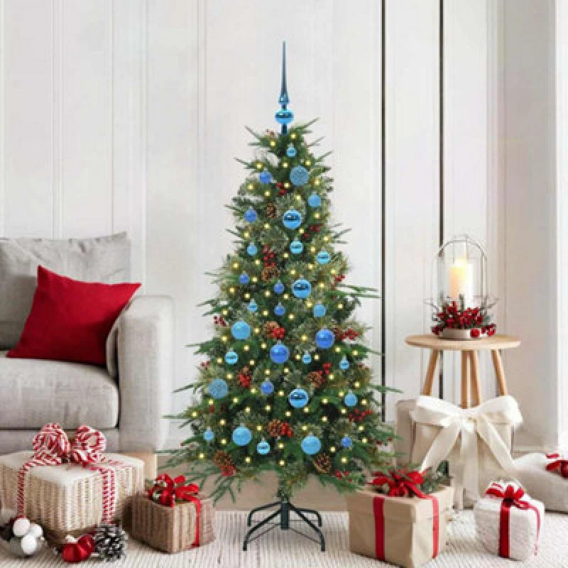 Image of vidaXL Artificial Hinged Christmas Tree with Blue Balls Green 150cm PE and PVC, Green 3397413