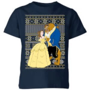 Image of Disney Classic Beauty and The Beast Pattern Kids Christmas T-Shirt - Navy - 9-10 Years