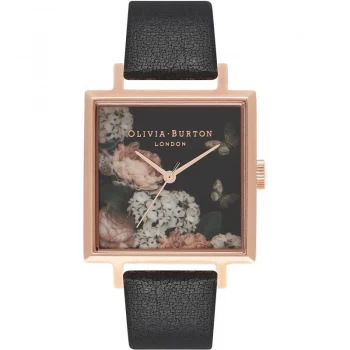 Image of Signature Floral Big Square Dial Black & Rose Gold Watch