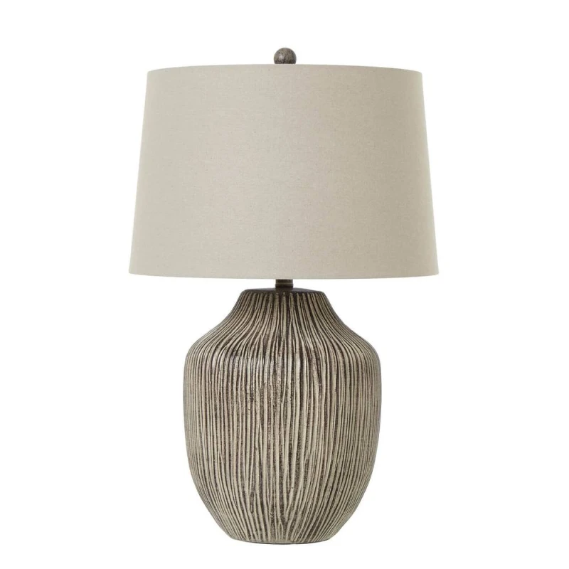 Image of Ochre Carved Textured Table Lamp With Linen Shade