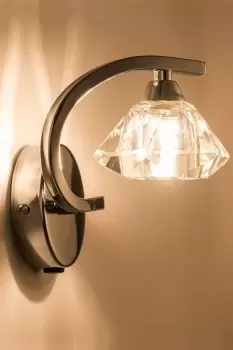 Image of Single Right Curved Wall Light and Sconce, Clear Glass Shade, Polished Chrome Finish