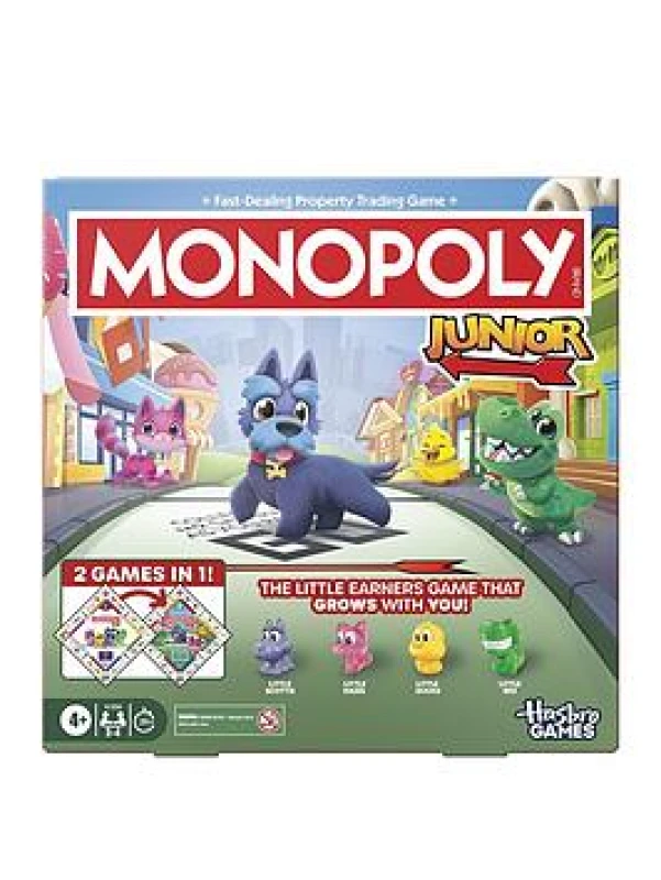 Image of Monopoly Junior Board Game (2026 Edition) 2 Games in 1 for Younger Kids 2-Sided Board Ages 4+ 2-4 Players 20 Mins. Gifts for Preschoolers -