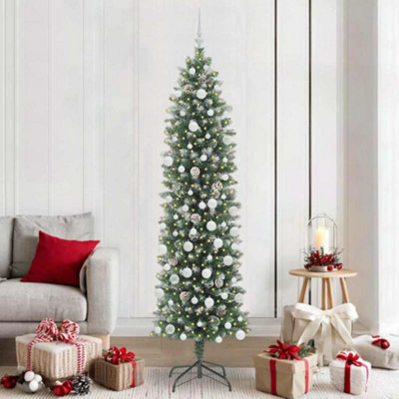 Image of vidaXL Artificial Slim Christmas Tree with White Balls Green and white 210 cm, Green 3395308