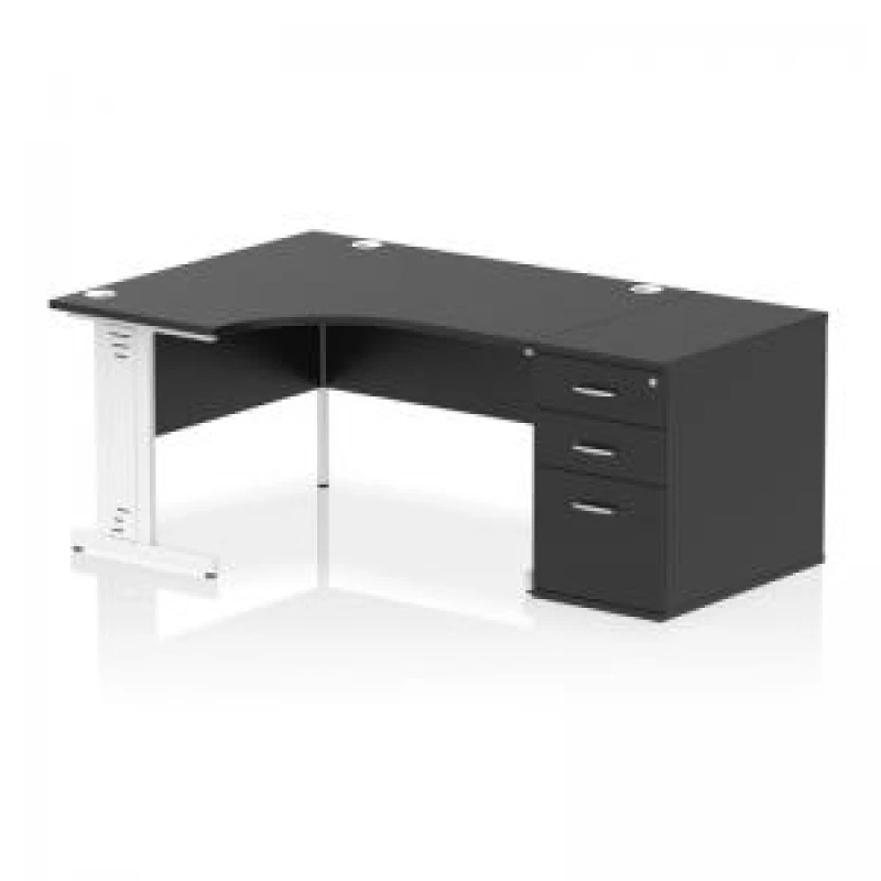 Image of Impulse Impulse 1400mm Left Crescent Office Desk Black Top White Cable Managed Leg Workstation 800 Deep Desk High Pedestal IWSLW148WBLK