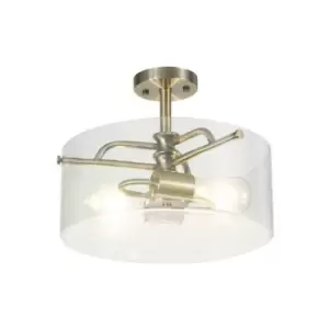 Image of Luminosa Clarence Semi Flush Ceiling Lamp, 2 Light E27, Antique Brass, Clear Glass