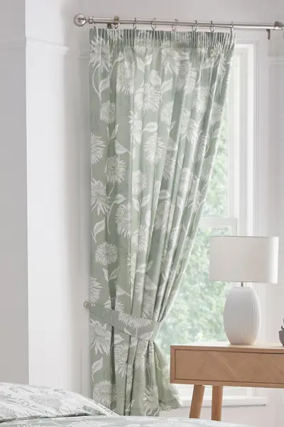 Image of Dreams & Drapes 'Chrysanthemum' Lined Pair of Pencil Pleat Curtains With Tie-Backs Green