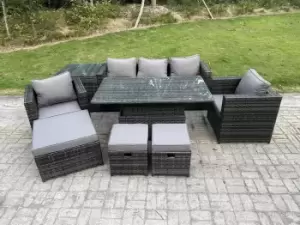 Image of Fimous 5 Seater Outdoor Dark Grey Wicker PE Rattan Lounge Complete Sofa Set with Adjustable Dining Table, 2 Stools and Big Footstool