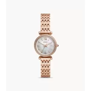 Image of Fossil Womens Carlie Mini Three-Hand Rose Gold-Tone Stainless Steel Watch - Rose Gold