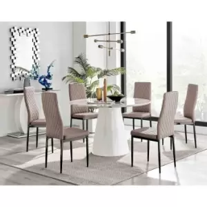 Image of Furniture Box Palma White Marble Effect Round Dining Table and 6 Cappuccino Milan Black Leg Chairs