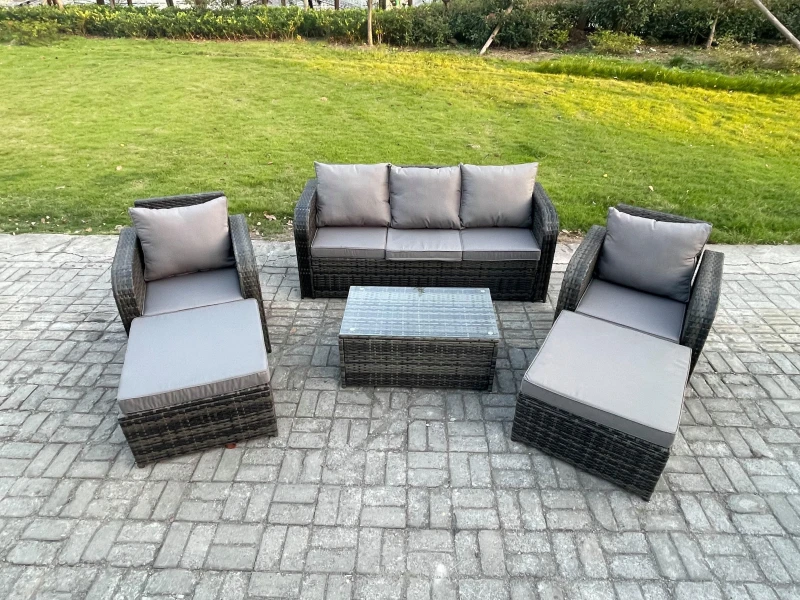 Image of Fimous Wicker PE Rattan Garden Furniture Set 7 Seater Outdoor Lounge Sofa Set with Coffee Table 2 Big Footstool Dark Grey Mixed Dark Grey