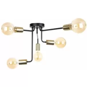 Image of Keter Nixon Multi Arm Semi Flush Ceiling Light Black, Gold, 50cm, 5x E27