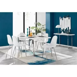 Image of Furniture Box Kylo White High Gloss Dining Table and 6 White Corona Silver Chairs
