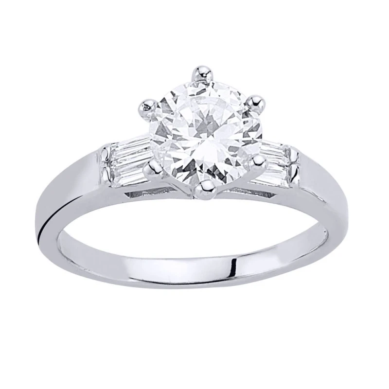 Image of Jewelco London Silver Baguette CZ Shoulder-Set 6 Claw Solitaire Engagement Ring - GVR345 Silver