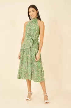 Image of Green Halter Neck Floral Midi Dress