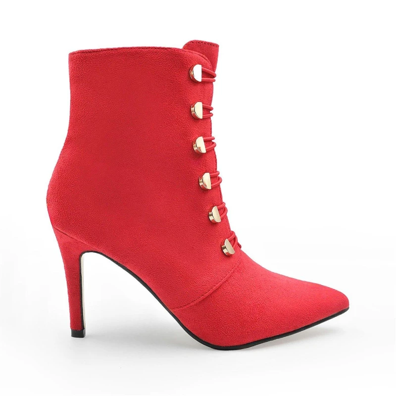 Image of Where's That From 'Blythe' Pointed Toe Mid Heel Ankle Boots With Gold Buttons Red