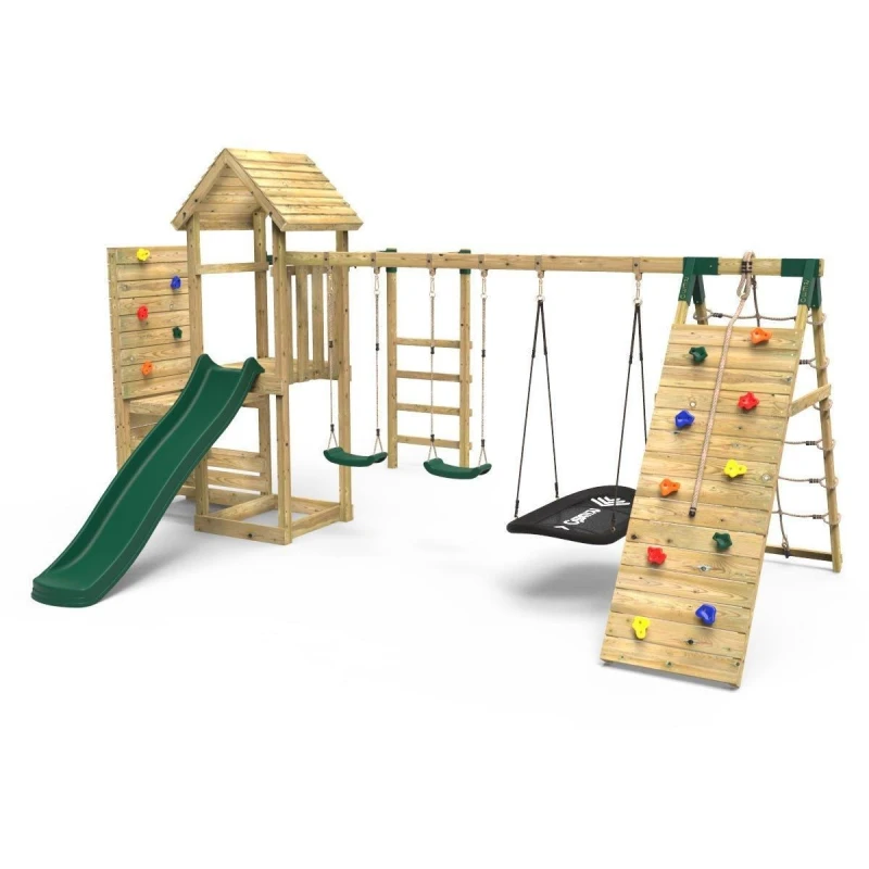 Image of Rebo Wooden Climbing Frame with Swings, Monkey Bars, Climbing Walls and Slide - Pyrennes Green Green