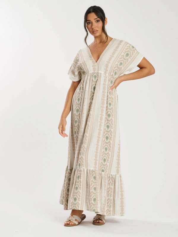 Image of South Beach Womens Jacquard V Neck Maxi Dress in Taupe Size: 8 Taupe Female 8