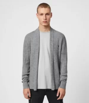 Image of AllSaints Mens Merino Wool Lightweight Mode Long Sleeve Open Front Cardigan, Grey, Size: XXL