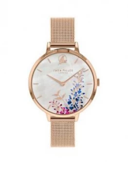 Image of Sara Miller Wisteria Mother of Pearl and Rose Gold Detail 34mm Dial Rose Gold Stainless Steel Mesh Strap Ladies Watch, One Colour, Women