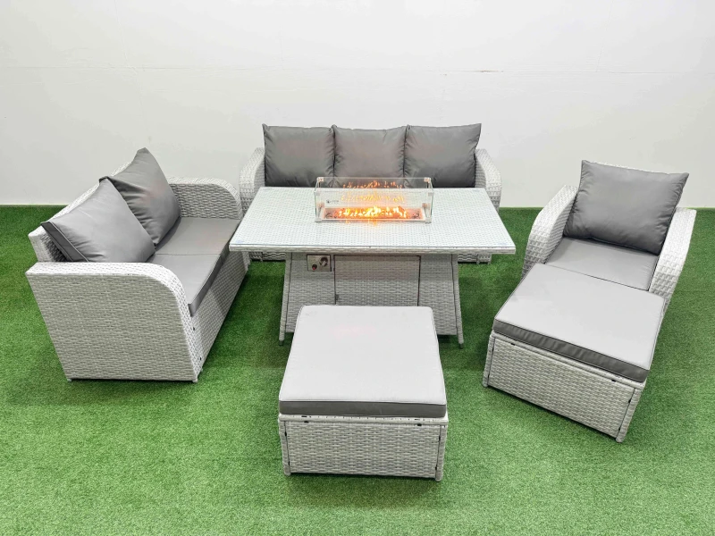 Image of Fimous Patio PE Wicker 8 Seater Outdoor Rattan Furniture Sofa Sets with Firepit Dining Table Reclining Chair Loveseat Sofa 3 Seater Sofa 2 Big Footsto