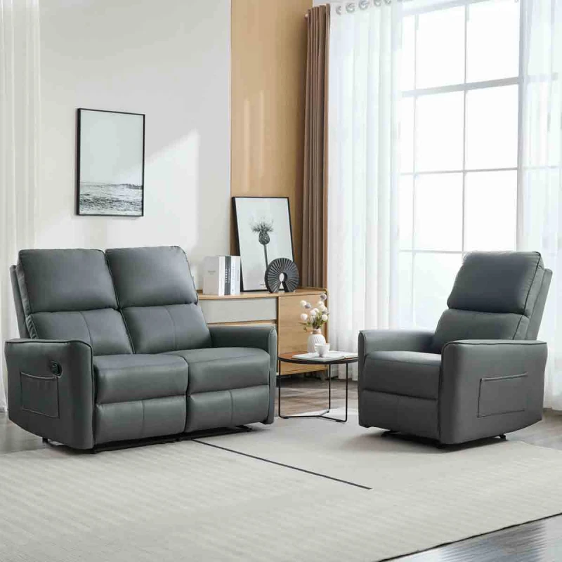 Image of More4Homes Madrid 1+2 Seater Manual Air Leather Recliner Sofa Set Grey