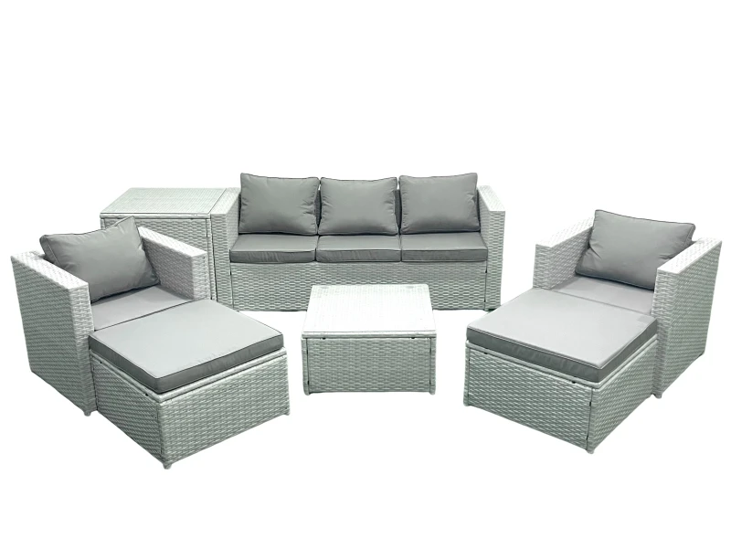 Image of Fimous 7 Seater Rattan Garden Furniture Set with 3 Seater Sofa 2 Chair Square Coffee Table 2 Big Footstools Side Table Light Grey Mixed Light Grey