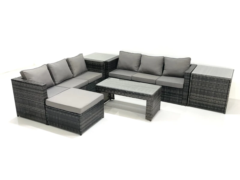 Image of Fimous Garden Outdoor Rattan Furniture Set with Sofa Coffee table Big Footstool 2 Side Tables Dark Grey Mixed Dark Grey