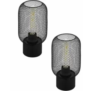 Image of 2 pack Table Lamp Desk Light Black Steel Round Wire Mesh Shade 1x 60W E27