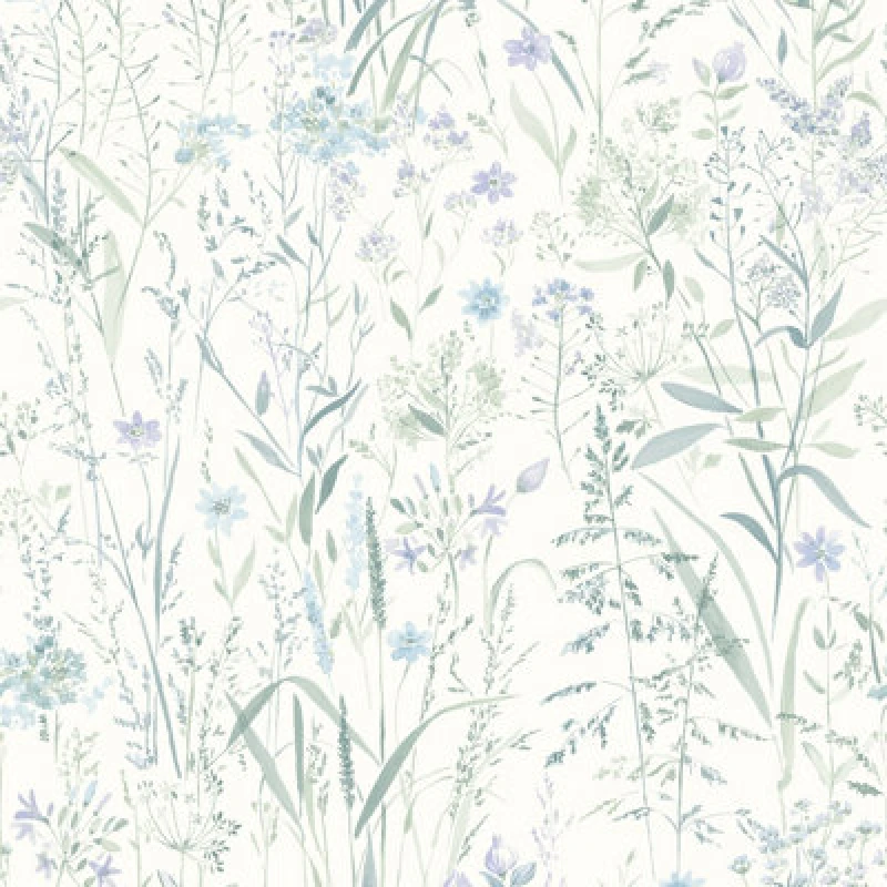 Image of Grandeco Free Flower Sprigs And Grass Wallpaper, Lilac Blue Green