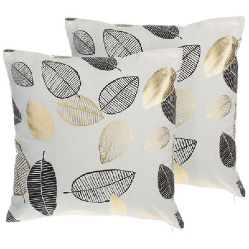 Image of Beliani Set Of 2 Decorative Cushions Lotus Cotton 45 X 45cm White Gold Black Plant Pattern