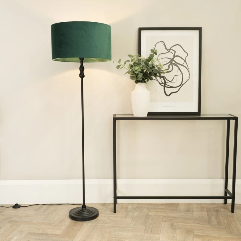Image of ValueLights Maggie Black Metal Candlestick Floor Lamp with Velvet Lamp Shade Bottle Green