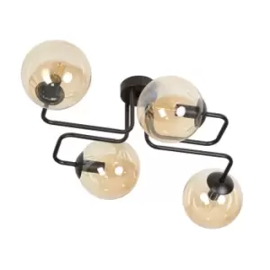 Image of Brendi Black Globe Multi Arm Semi Flush Ceiling light with Amber Glass Shades, 4x E14
