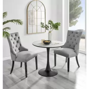Image of Furniturebox UK - Furniturebox Elina White Marble Effect Modern 80cm Round Dining Table & 2 Grey Belgravia Black Leg Velvet Chairs